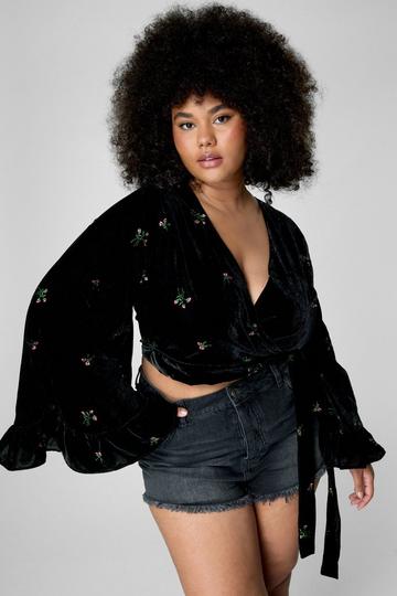 Plus Velvet Floral Embroidered Ruffle Wrap Top black