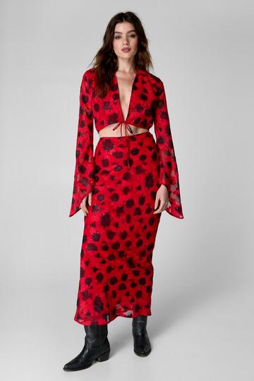 Burnout Floral Printed Bias Maxi Skirt red