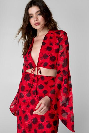 Burnout Floral Printed Tie Front Top red