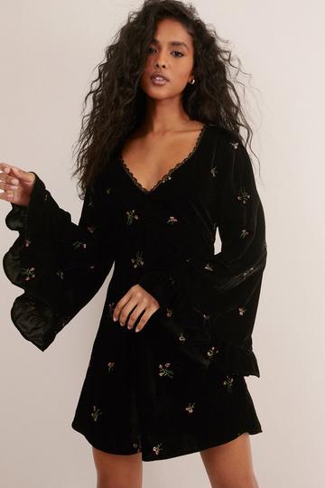 Velvet Floral Embroidered Ruffle Lace Trim Mini Dress black