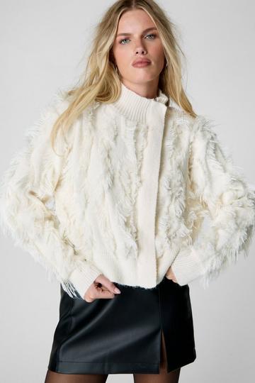 Ecru White Knitted Bomber Jacket