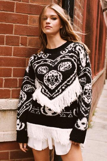 Mono Fringe Intarsia Sweater black