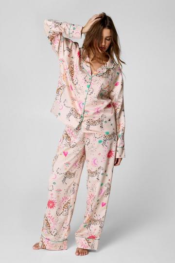 Tiger Celestial Print Pajama Trouser Set champagne