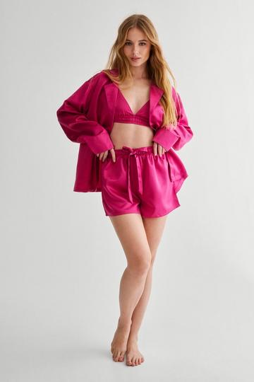 Satin Oversized Shirt, Bralet And Short 3pc Pajama Set burgundy