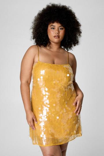 Plus Large Disc Sequin Strappy Mini Dress ochre