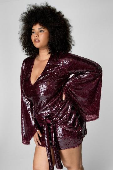 Plus Sequin Flared Sleeve Tie Front Mini Dress burgundy