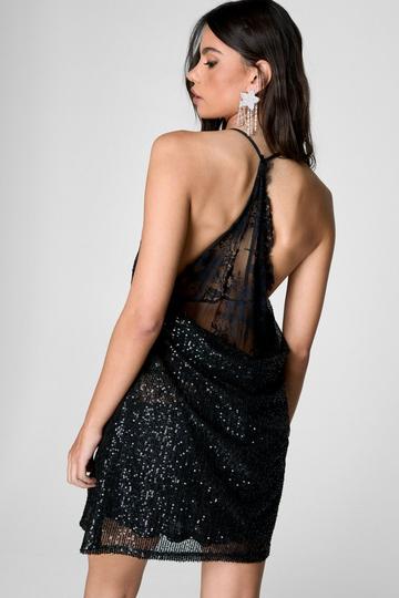 Sequin Lace Cowl Back Mini Slip Dress black