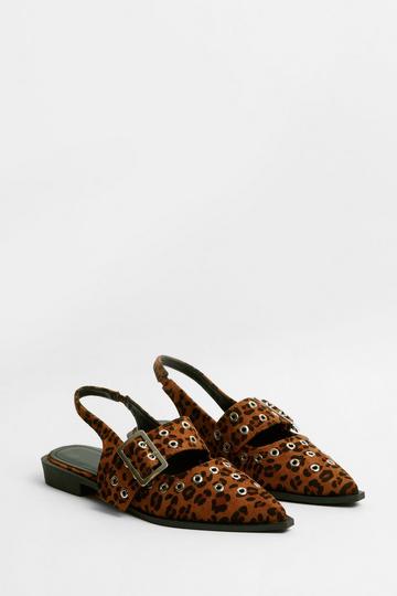 Leopard Multi Eyelet Buckle Detail Sling Back Ballet Flat