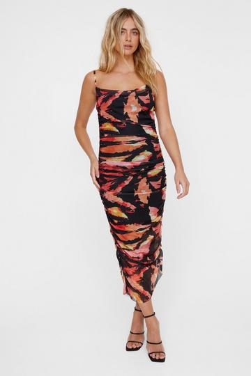 Red Abstract Print Ruched Midi Dress