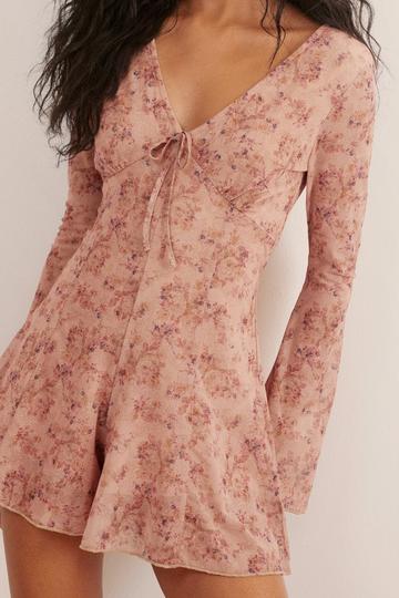 Mesh Floral V Neck Long Sleeve Playsuit pink