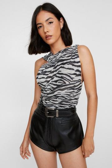 Asymmetric Draped Tulle Animal Print Bodysuit zebra