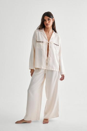 Satin Ribbon Detail Tie Front Shirt And Trouser Pajama Set champagne