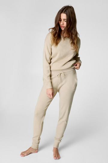 Stone Beige Knitted Drop Shoulder Jogger Set