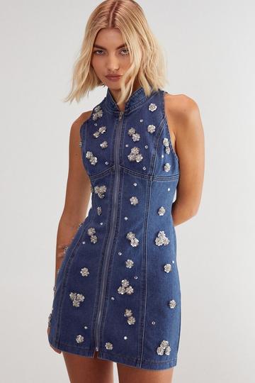 Denim Blue Limited Embellished Flower Applique Mini Dress