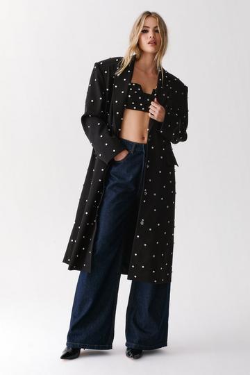 Premium Diamante Studded Tailored Duster Coat black