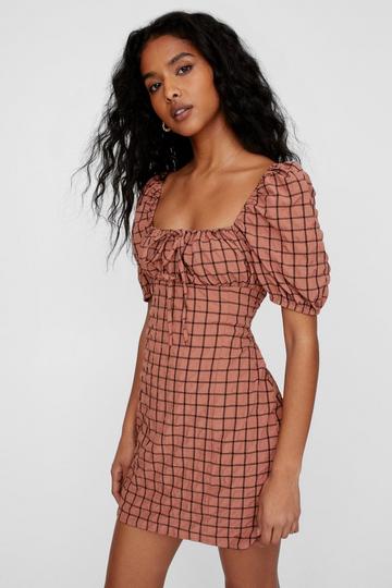 Rust Orange Check Print Tie Front Puffed Sleeve Mini Dress