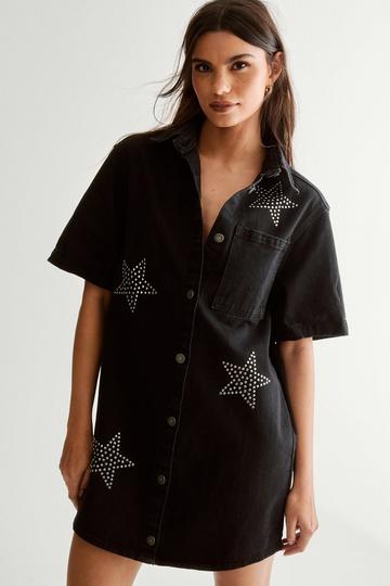 Star Studded Denim Shirt Dress black