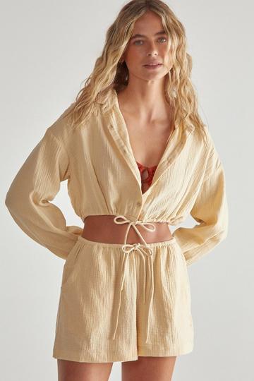 Double Gauze Tie Front Shirt and Short Set beige