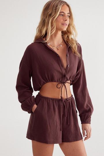 Double Gauze Tie Front Shirt and Short Set chocolate