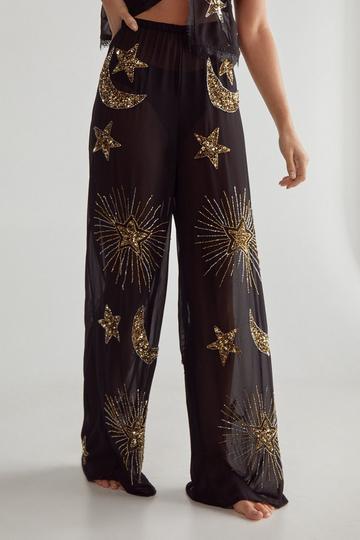 Embellished Moon & Star Wide Leg Beach Trouser black