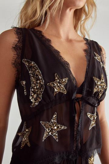 Embellished Moon & Star Tie Front Beach Waistcoat black