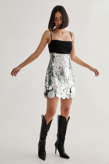 Hand Embellished Sequin Disc Hem Mini Dress silver