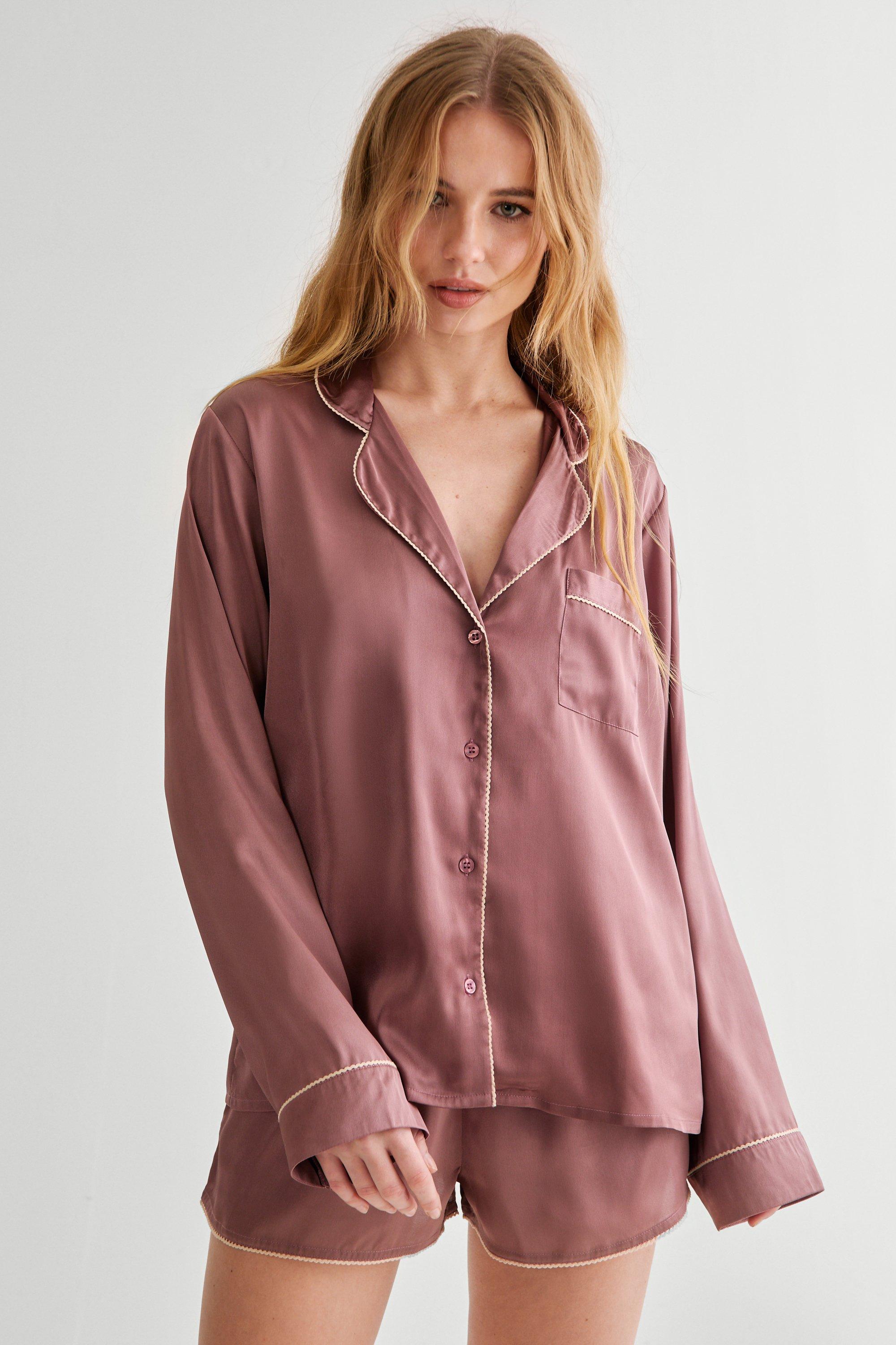 Satin Contrast Picot Trim Shirt And Short Pajama Set boohoo UK