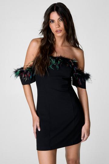 Black Feather Trim Tailored Bardot Dress