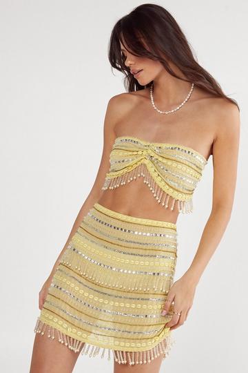 Premium Shell Beaded Tassel Bandeau and Mini Skirt Set yellow