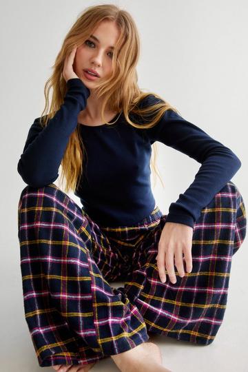 Jersey Ribbed Long Sleeve Top And Boxer Style Trouser Pajama Set navy