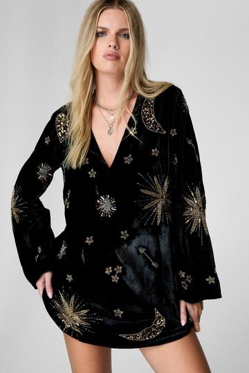 Black Velvet Celestial Tattoo Embellished Plunge Tunic Mini Dress