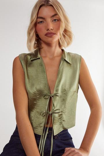 Sage Green Textured Satin Tie Front Collared Top