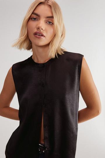 Black Textured Satin Button Through Collarless Vest