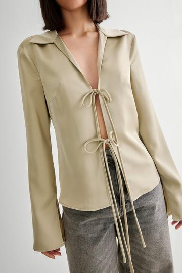 Satin Collar Tie Front Long Sleeve Shirt olive