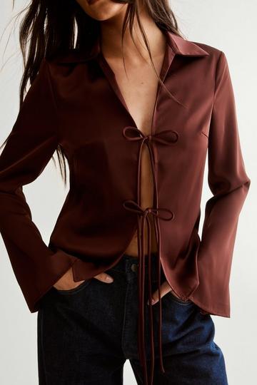 Satin Collar Tie Front Long Sleeve Shirt chocolate