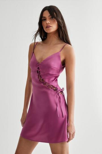 Satin Lace Up Detail Plunge Mini Dress mauve