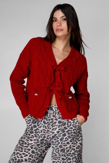 Tie Front Cable Knit Cardigan red