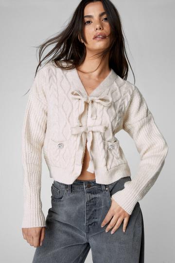 Stone Beige Tie Front Cable Knit Cardigan