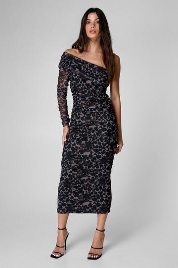 Multi One Shoulder Leopard Ruched Maxi Dress