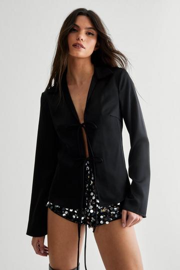 Black (N) Satin Collar Tie Front Long Sleeve Shirt