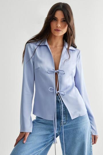 (N) Satin Collar Tie Front Long Sleeve Shirt blue