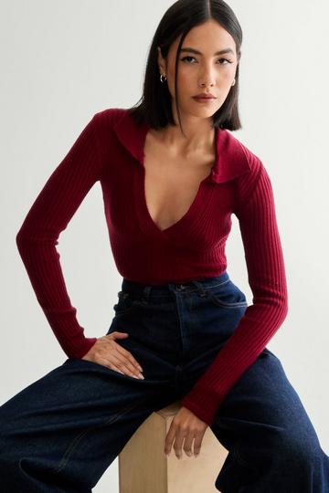 Burgundy Red Collared Ribbed Knitted Top