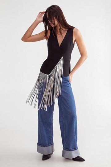 Tailored Faux Leather Fringed Top black