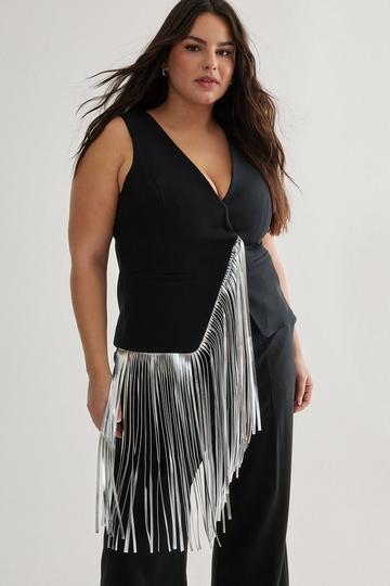 Black Plus Tailored Fringe Trim Waistcoat