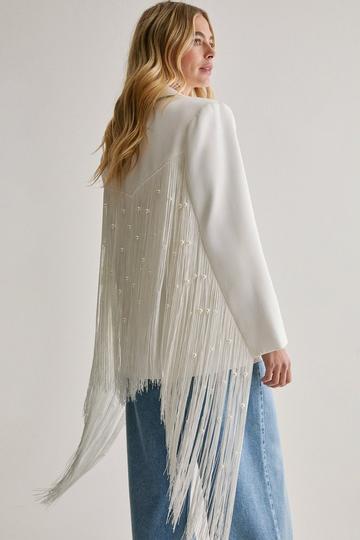 Limited Pearl Trim Fringe Oversized Blazer ivory