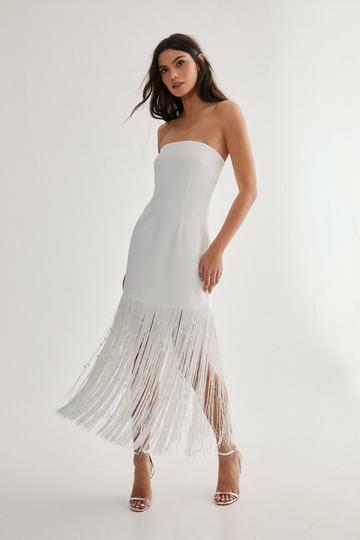 Limited Tailored Pearl Fringe Trim Midi Dress ivory