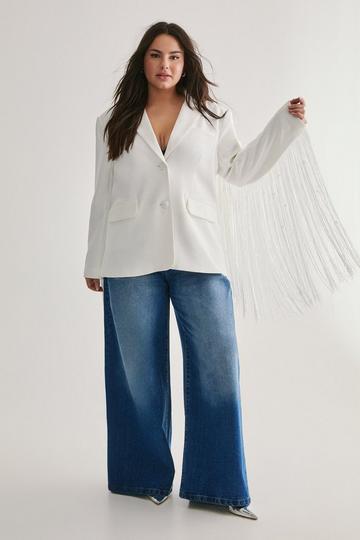 Plus Premium Pearl Trim Fringe Blazer ivory