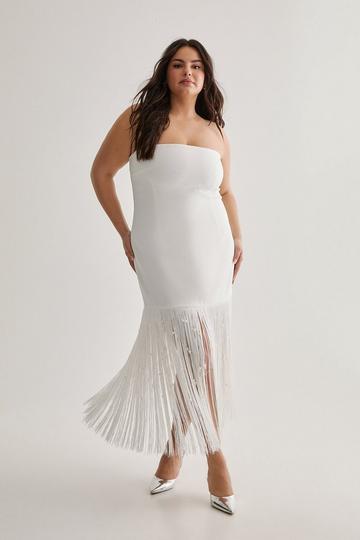 Plus Premium Pearl Fringe Midi Dress ivory