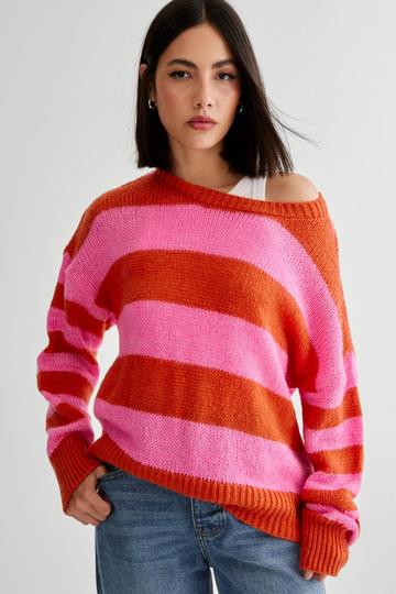 Crew Neck Striped Knitted Sweater pink