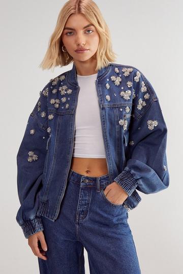 Embellished Flower Applique Jacket authentic denim